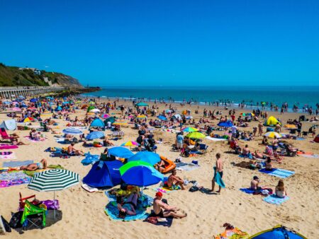 A beach with many people sunbathing and swimming.