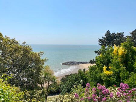 Green foliage and mature trees with pops of yellow and purple flowers frame a view of a beach below on a sunny day